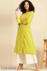 Light yellow printed designer cotton kurti, three-quarter sleeves, Haldi Mehndi ethnic wear for women